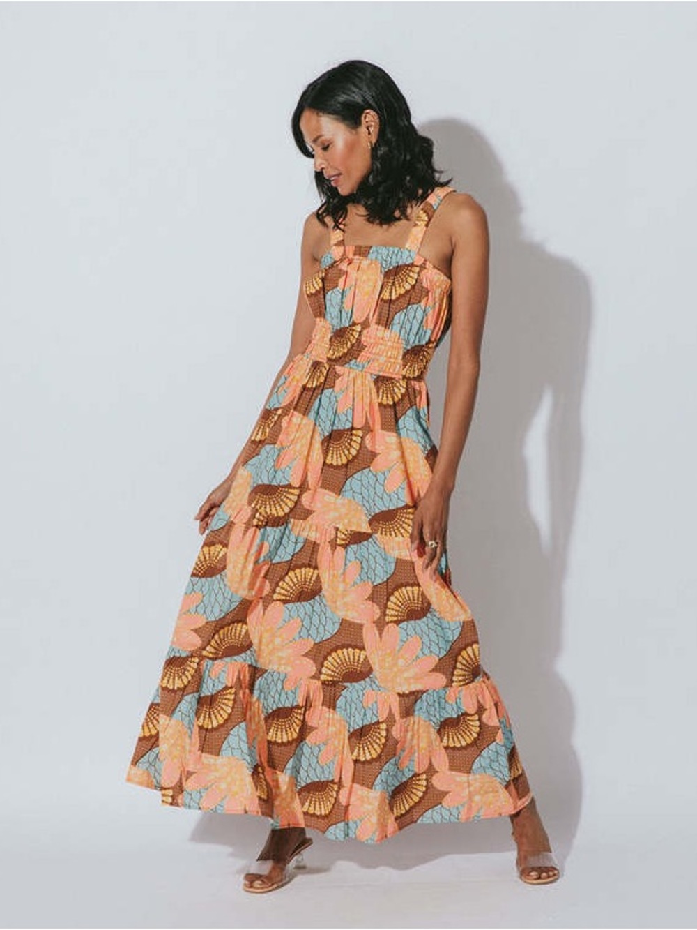 Cleobella Jolene Ankle Dress- Riviera Floral Tiered Maxi Dress in Peach Brown